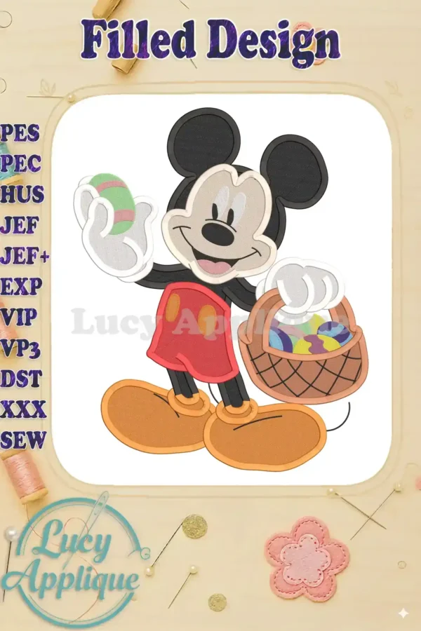 Mickey Mouse holding an Easter egg and a basket of eggs. A filled stitch embroidery design, perfect for spring projects. Various machine formats are supported.