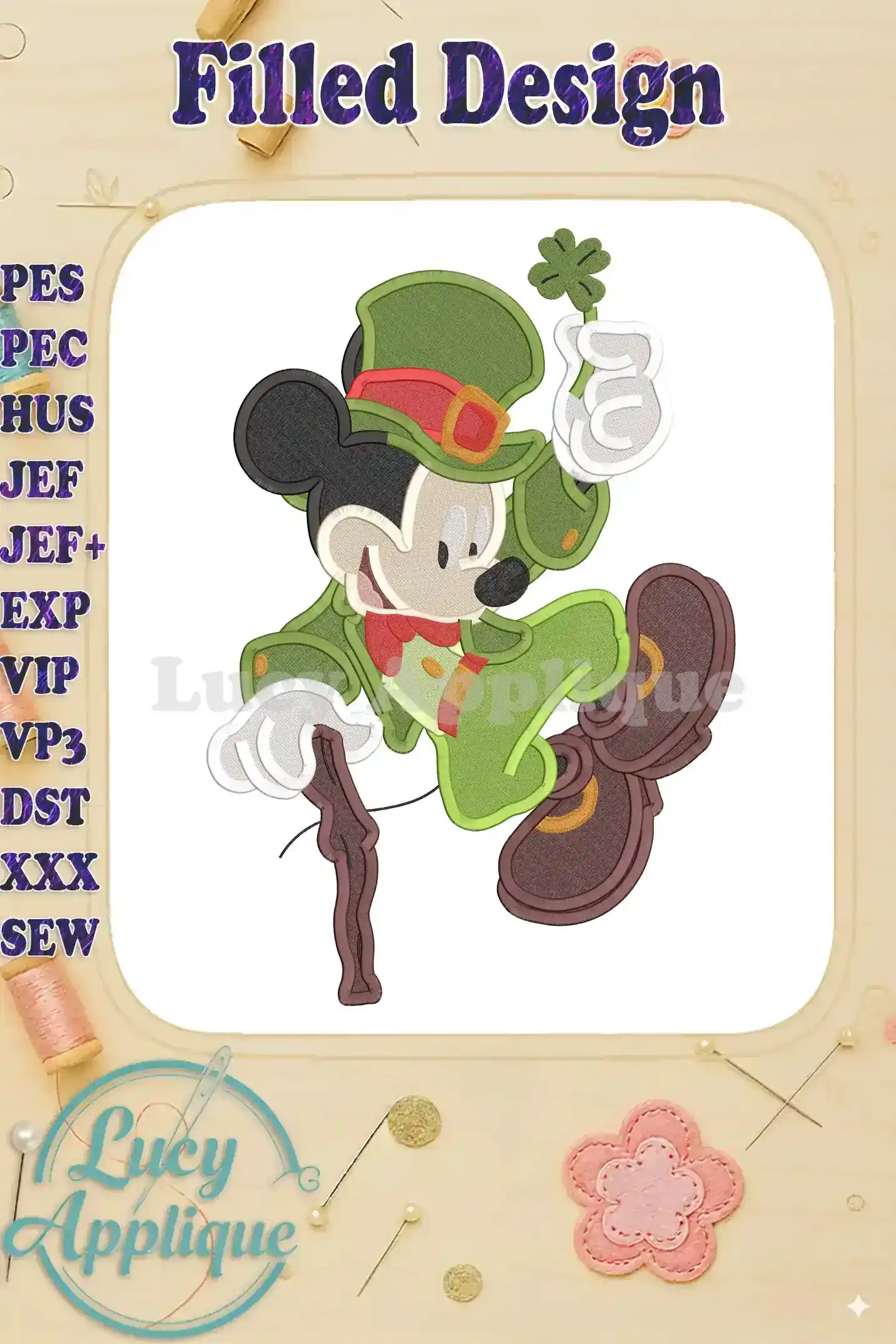 Mickey Mouse dressed in a green St. Patrick's Day costume, holding a shamrock. This filled embroidery design is shown on a white background.