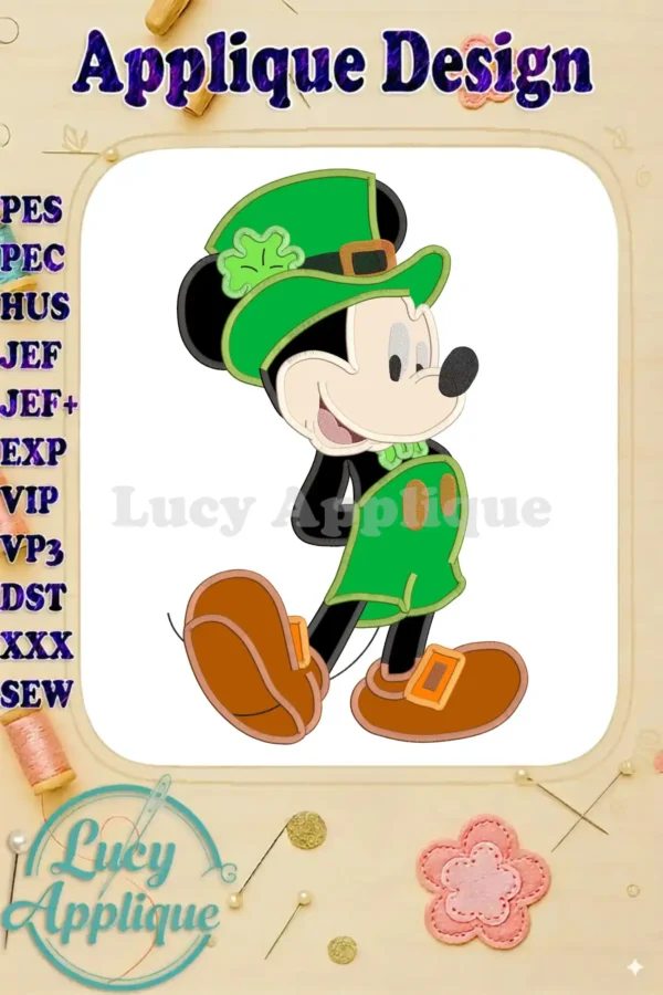 Mickey Mouse dressed in a St. Patrick's Day outfit, designed as an applique embroidery pattern. The design is shown in its entirety, ready to be stitched.