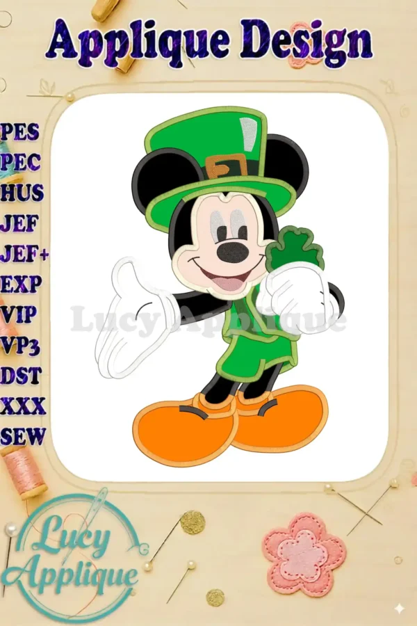 Mickey Mouse dressed in a St. Patrick's Day outfit, holding a shamrock. Applique design in various formats.
