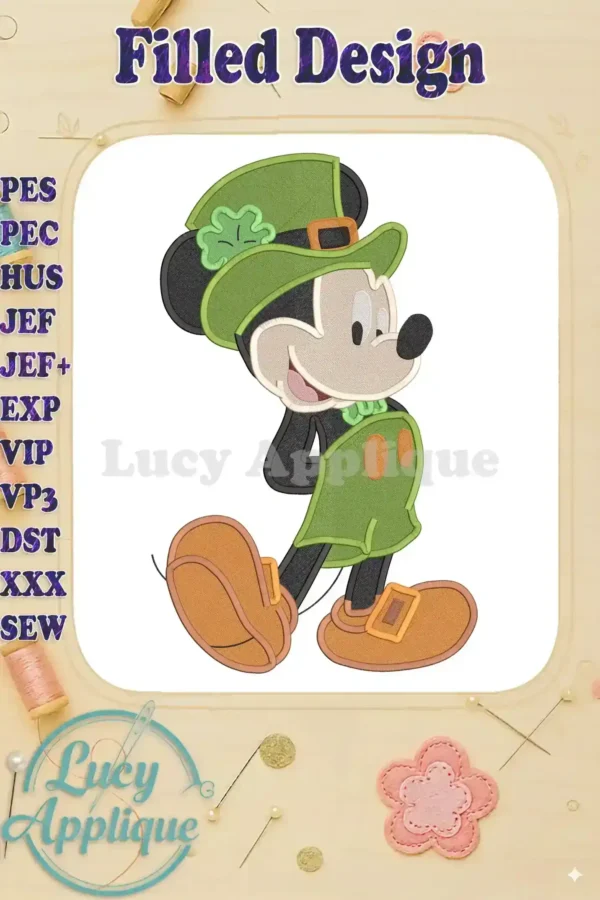 Mickey Mouse in a St. Patrick's Day outfit, wearing a green hat and outfit. Filled embroidery design, ready to stitch. Perfect for adding a festive touch to your projects.