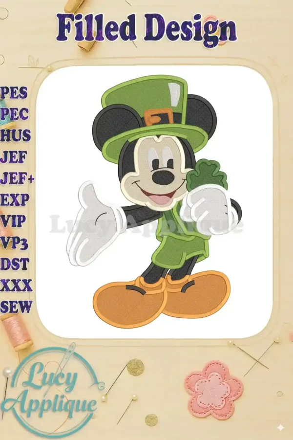 Mickey Mouse in a green St. Patrick's Day outfit, holding a shamrock. A filled embroidery design, ready to stitch. Various machine formats included.