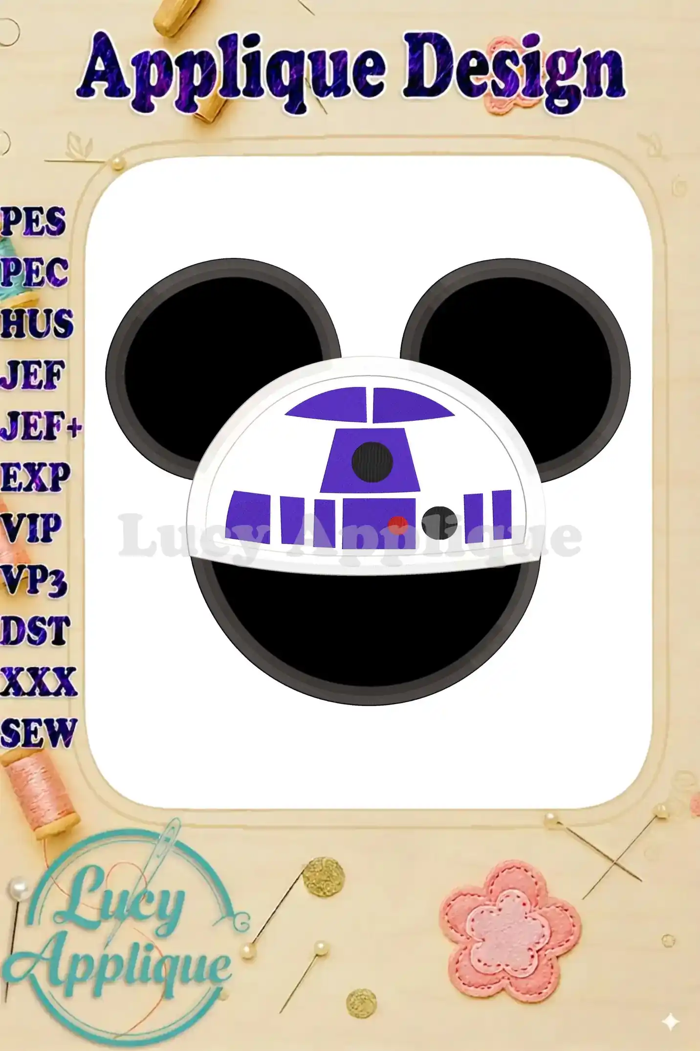 A charming Mickey Mouse head applique design, creatively combining elements from Star Wars. The design is presented on a white background, ready to be stitched.