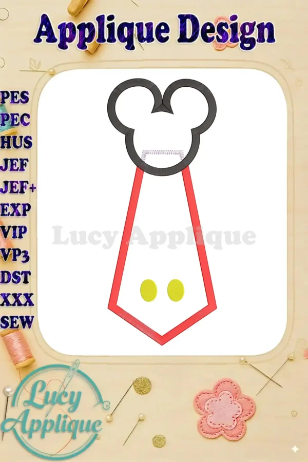 Main image showcasing a Mickey Mouse tie applique machine embroidery design. The design features Mickey's iconic ears atop a red tie with yellow circles.