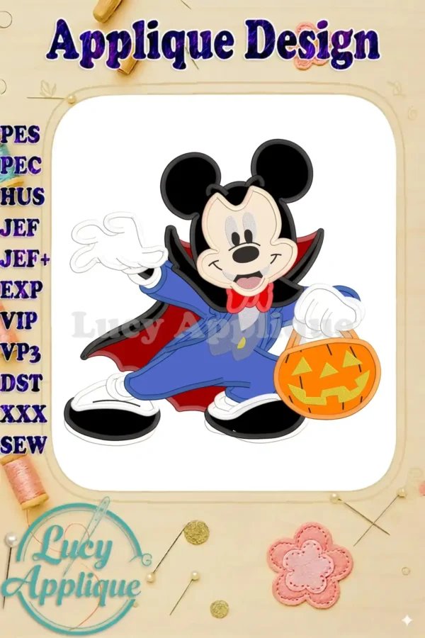 Adorable Mickey Mouse dressed as a vampire, holding a jack-o'-lantern. This applique design is perfect for Halloween projects and features vibrant colors and detailed stitching.