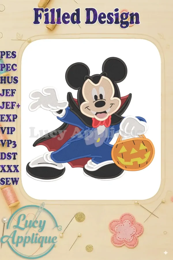 Main image showcasing a filled embroidery design of Mickey Mouse dressed as a vampire, holding a jack-o'-lantern. Perfect for Halloween-themed projects.