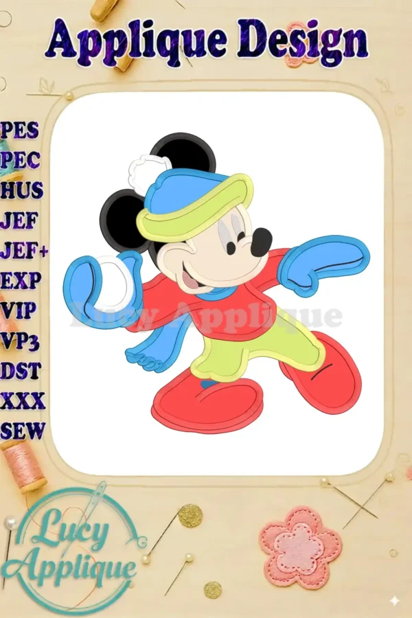 Main image showcasing a charming Mickey Mouse winter applique design, ready to be stitched. The design features Mickey in winter attire, throwing a snowball.