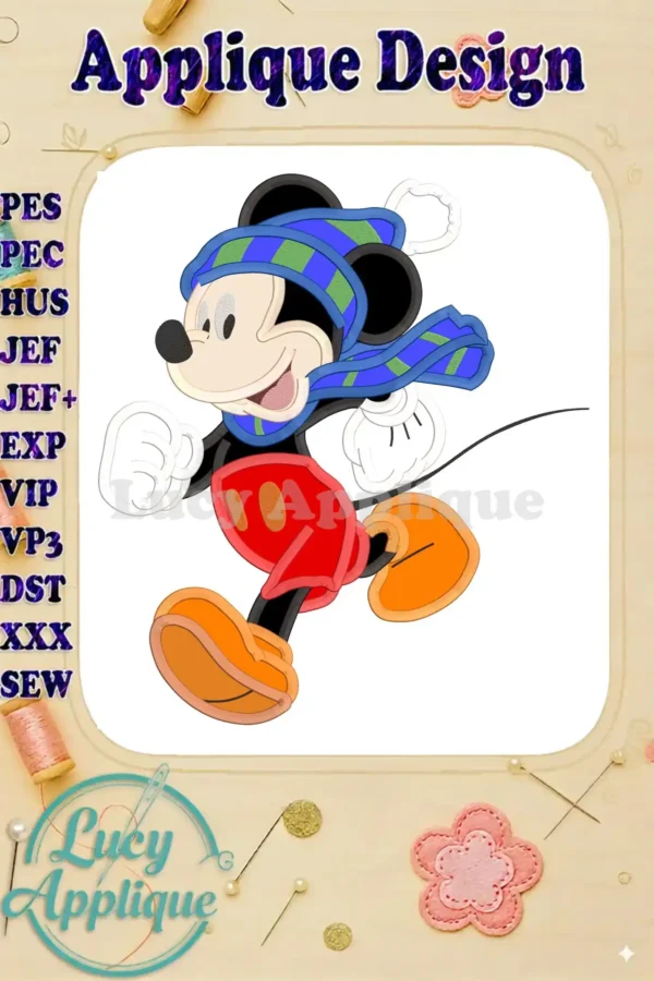 Main image shows a charming Mickey Mouse in winter attire, ready to applique. The design is cheerful and perfect for holiday projects.