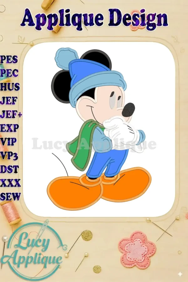 Main image showcasing a charming Mickey Mouse wearing a winter hat and scarf, ready for embroidery. The design is presented against a white background, with various file formats listed.