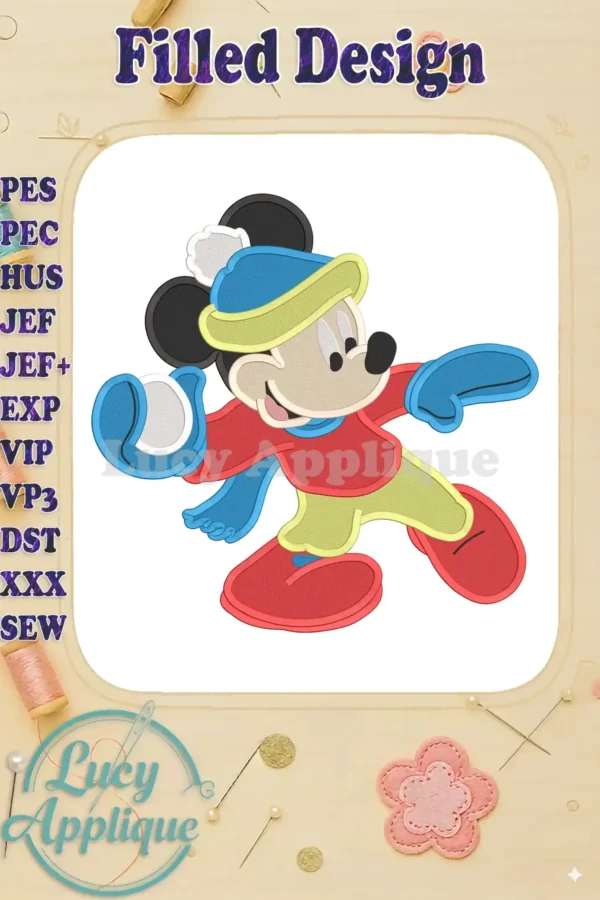 Mickey Mouse in winter attire, playfully tossing a snowball. A filled stitch embroidery design, showcasing bright colors and playful character.
