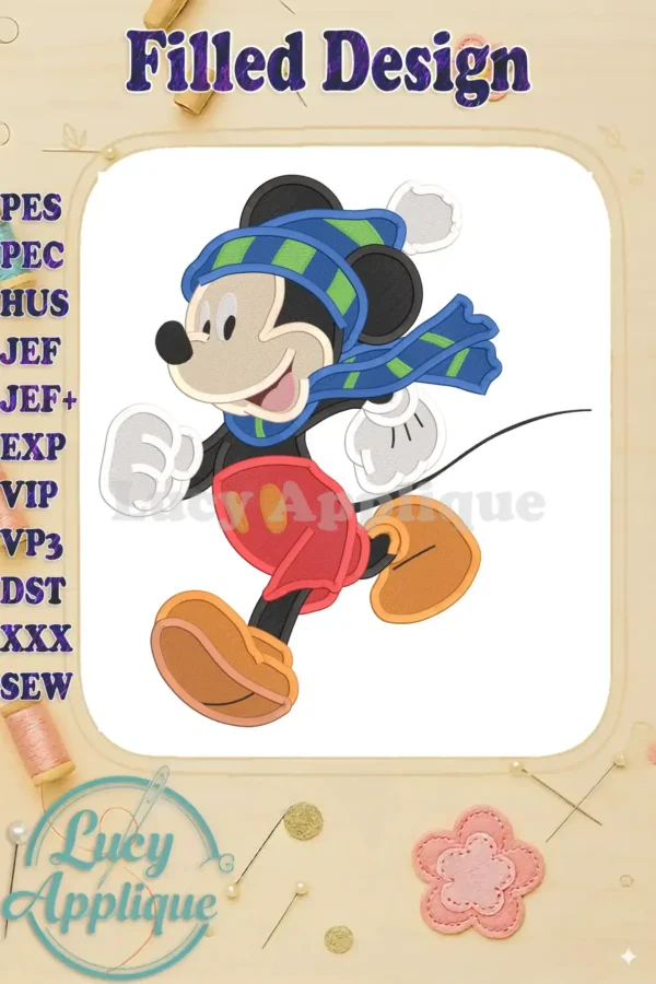 Main image showcasing a filled stitch embroidery design of Mickey Mouse in winter attire, wearing a hat and scarf, with a cheerful expression, ready to add holiday cheer to your projects.