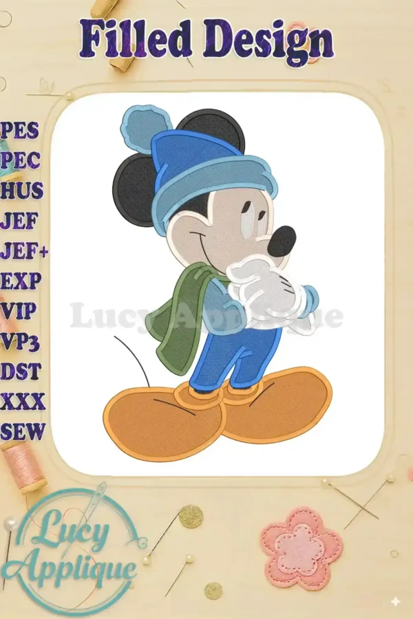 Mickey Mouse in winter attire, wearing a blue hat and scarf. Filled stitch embroidery design, perfect for adding festive charm to projects.