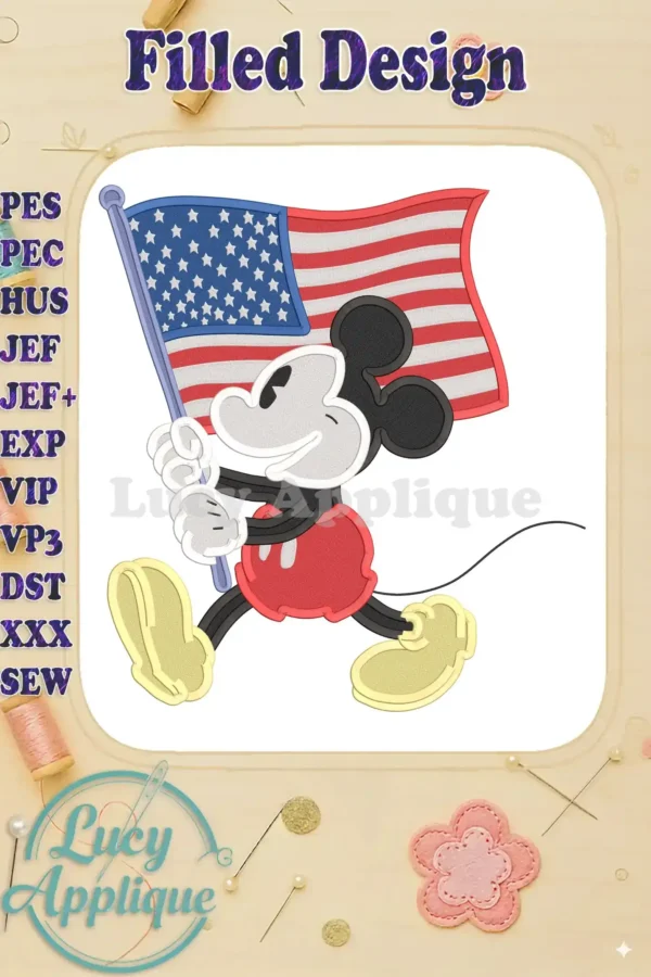 Mickey Mouse, filled embroidery design, proudly holding an American flag. Perfect for patriotic projects, this design is available in various formats including PES, JEF, HUS, and more. Download now!