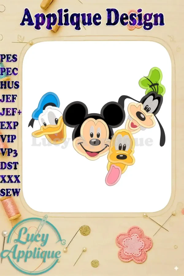 Applique embroidery design showcasing Mickey Mouse alongside Donald Duck, Goofy, and Pluto. The design is presented against a beige background, adorned with pins and thread.
