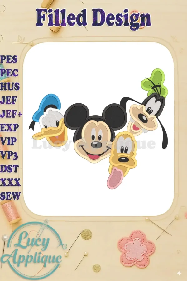Embroidery design featuring Mickey Mouse, Donald Duck, Goofy, and Pluto's faces. A charming and colorful filled design, perfect for various sewing projects.