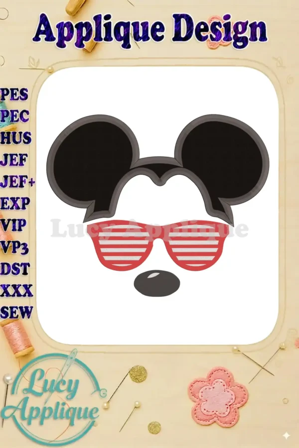 Main image showcasing a Mickey Mouse applique design wearing red and white striped sunglasses. The design is presented on a white background with design details.