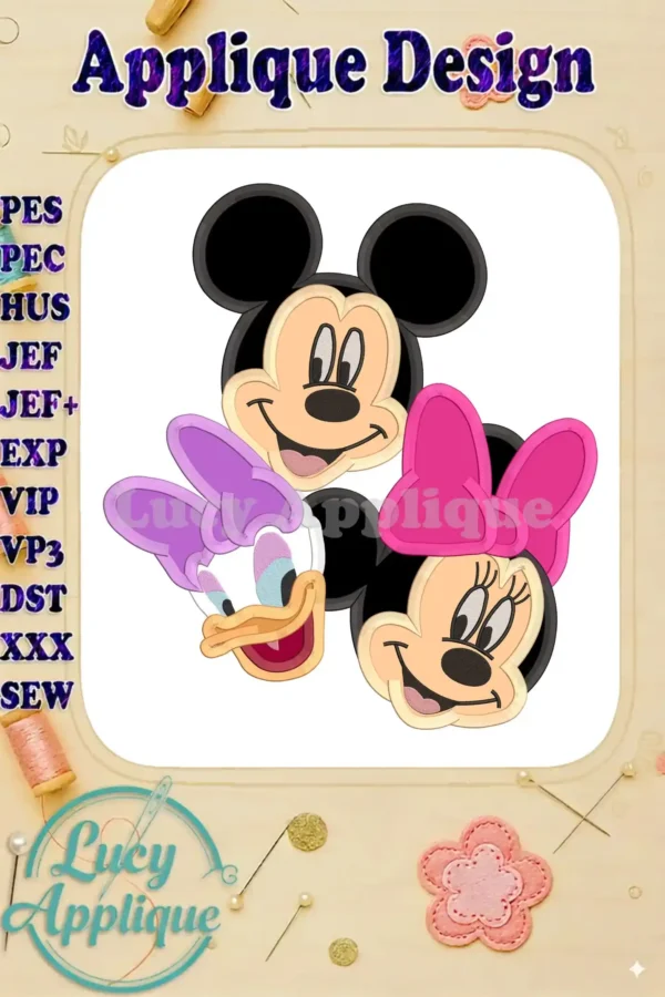 Applique embroidery design featuring Mickey, Minnie, and Daisy Duck's faces. The design is presented on a light background with various embroidery file formats listed.