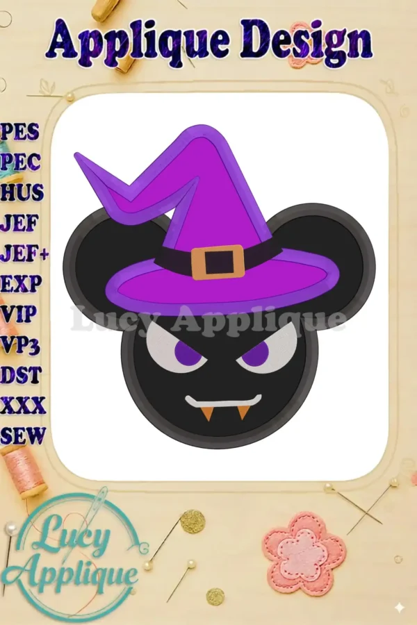 Adorable Mickey Mouse with a purple witch's hat, showing a mischievous grin. This Halloween applique design is perfect for adding a spooky yet cute touch to your projects.