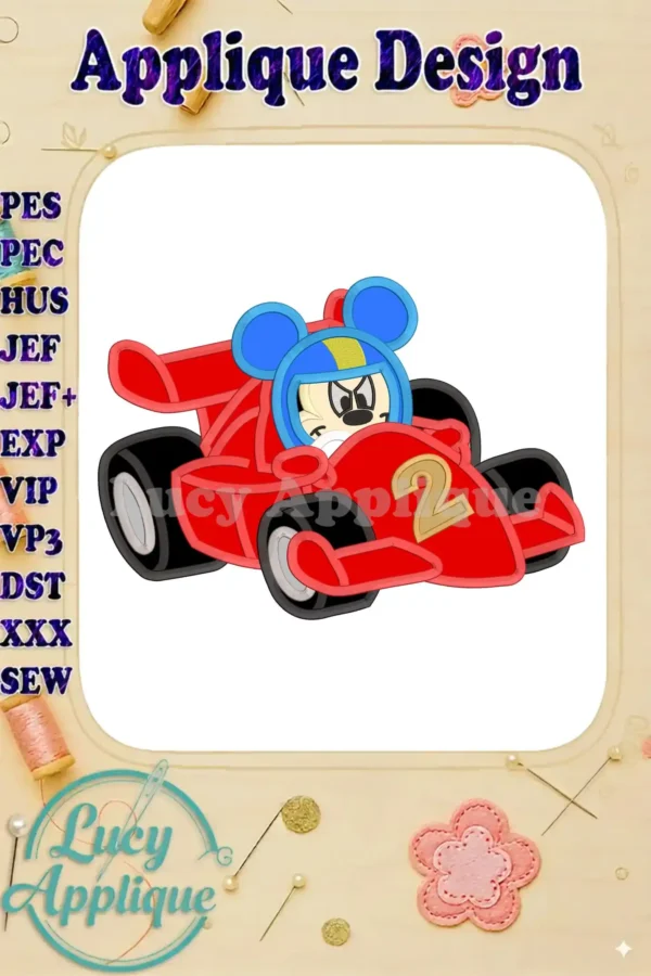 Mickey Mouse as a race car driver in his red race car, applique design, number 2 on the side of the car. Embroidery design file.