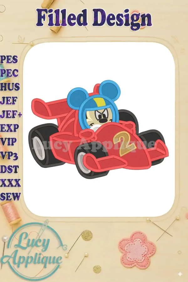 Embroidery design of Mickey Mouse as a race car driver in his red race car, number 2, with blue helmet and large ears.