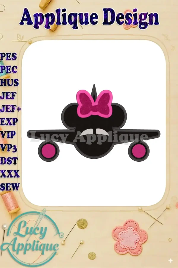 Minnie Mouse in a pink bow atop a black airplane, ready for flight! This applique embroidery design is perfect for adding a touch of Disney magic to your projects.