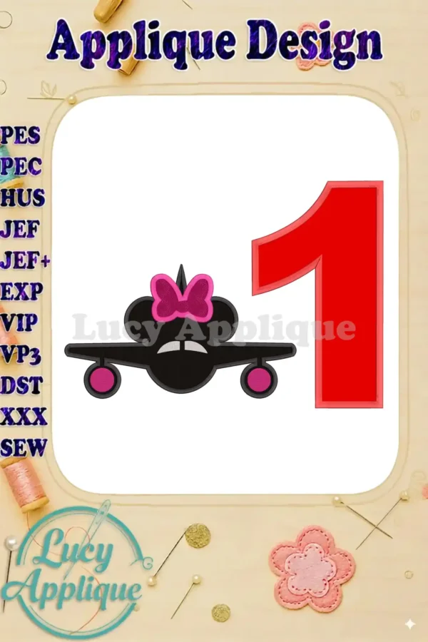Minnie Mouse-themed airplane applique design for a first birthday. Features a red number 1 and pink accents. Perfect for adding a personal touch to a birthday celebration.