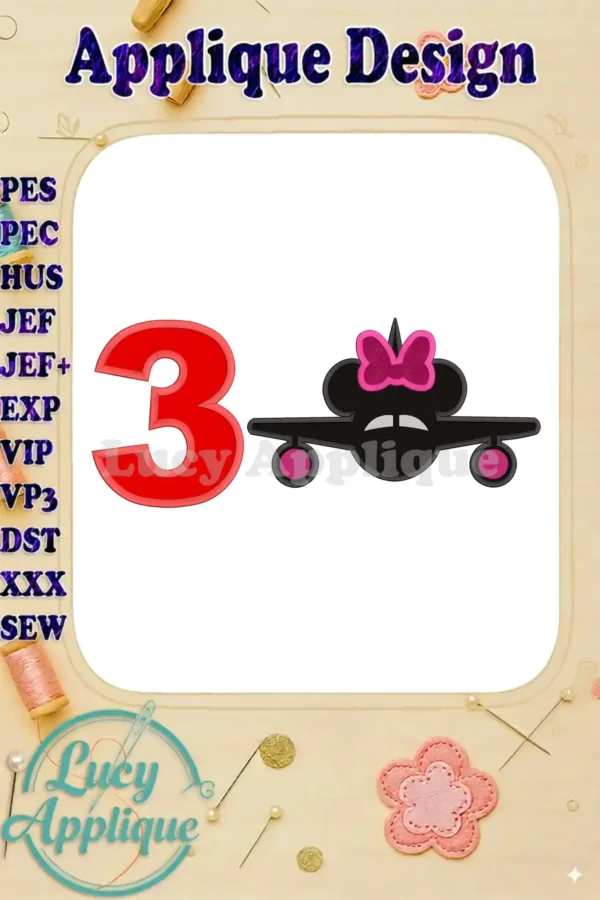 Minnie Mouse applique design featuring a number 3 and an airplane, perfect for a 3rd birthday. The design is in shades of red and pink, with black accents. Great for adding a personalized touch to gifts or apparel.
