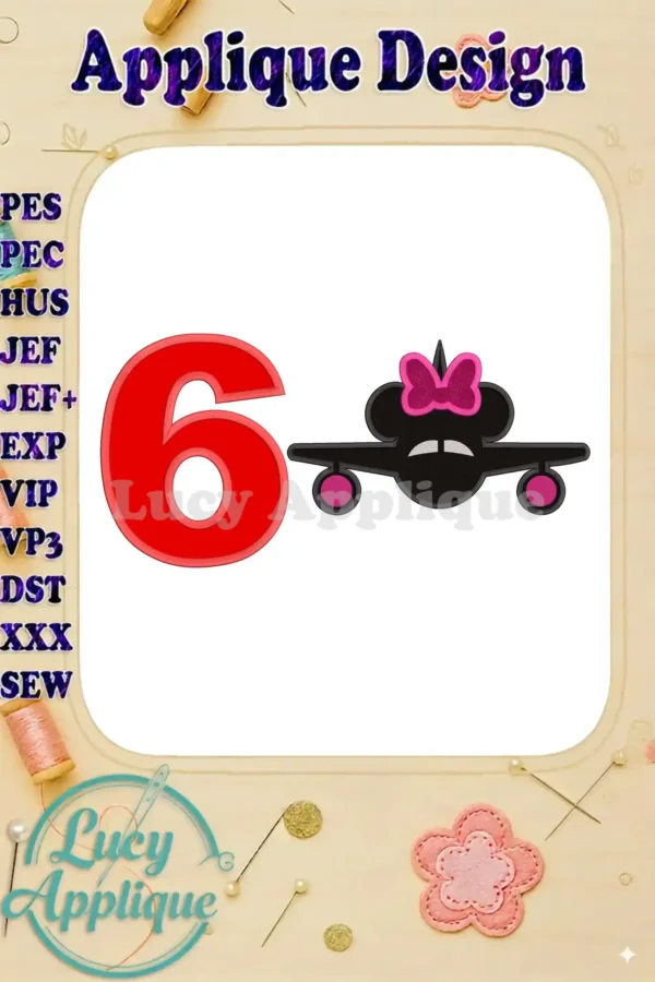 Minnie Mouse applique design featuring a number 6 and an airplane, perfect for a Disney-themed 6th birthday. The design is shown in red and pink.