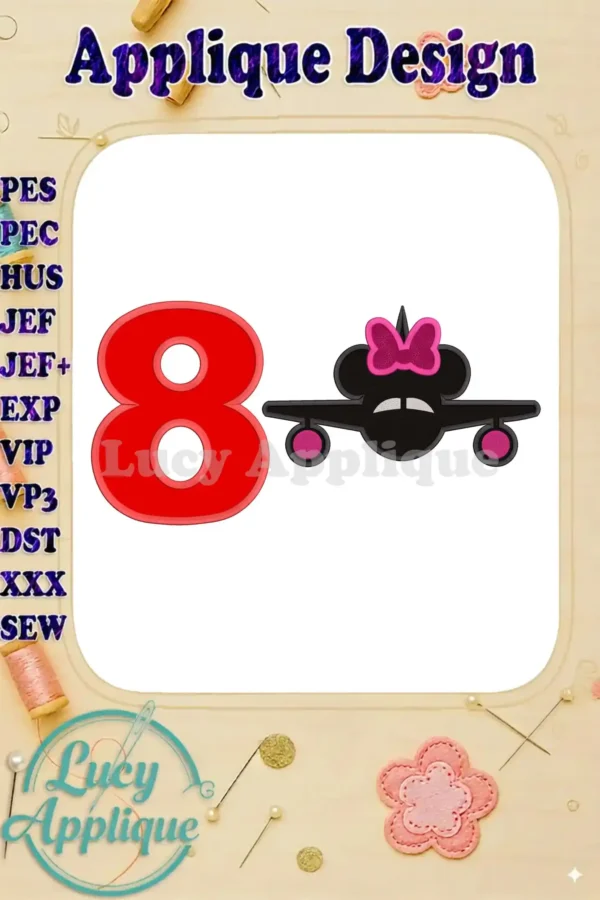 Minnie Mouse applique design featuring an airplane and the number 8, perfect for an 8th birthday. The design is shown in red and pink, with a white background. Ideal for embroidery projects.