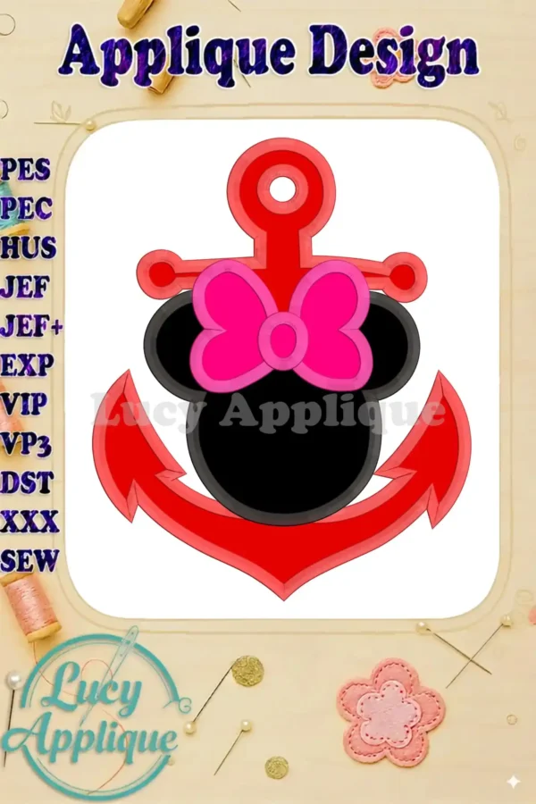 Main image showcasing a charming Minnie Mouse-themed anchor applique embroidery design, featuring a vibrant color scheme and intricate detailing, ready to be stitched.