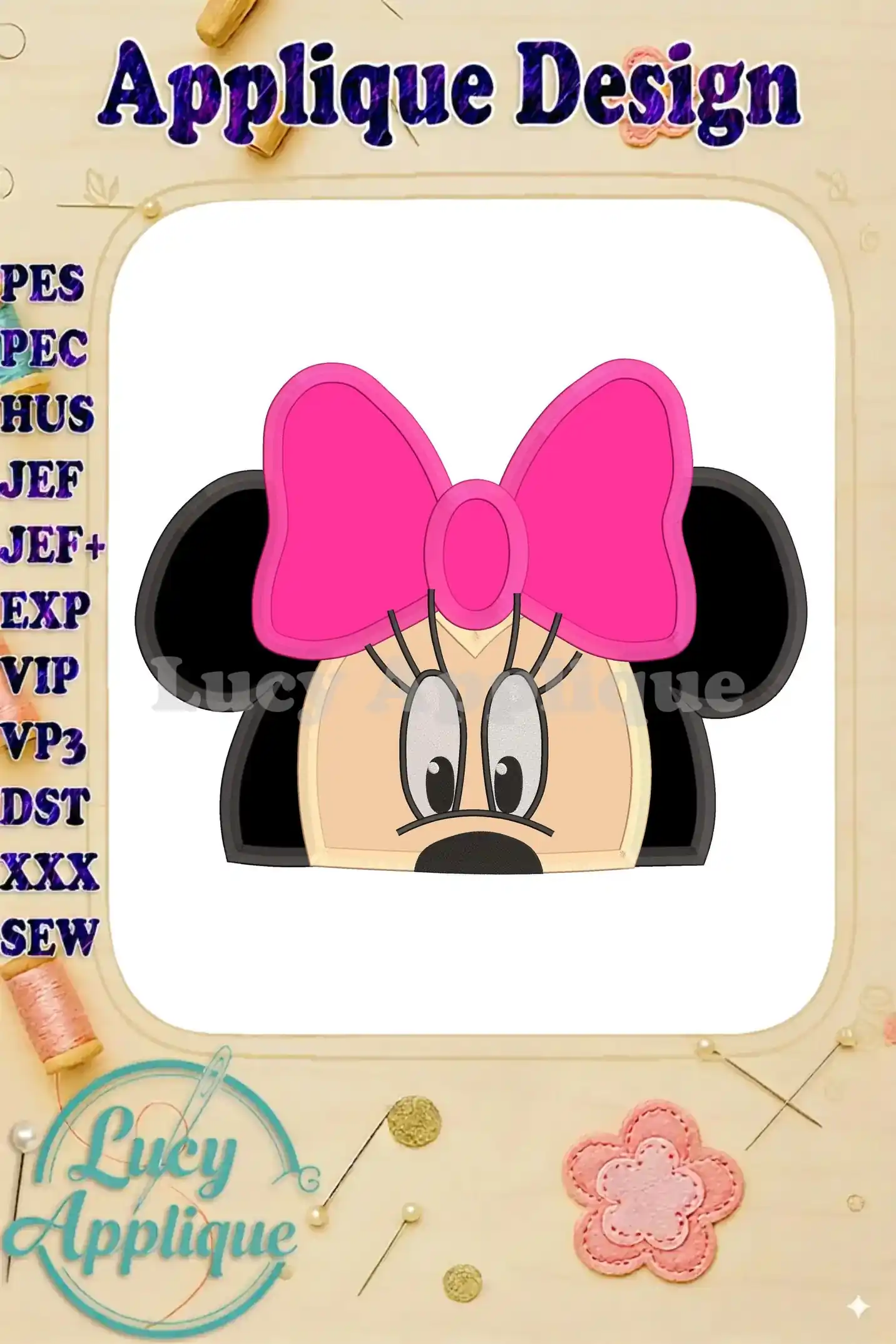 Minnie Mouse applique embroidery design in pink and black. The design shows Minnie's face with signature bow. Includes various file formats for different embroidery machines.