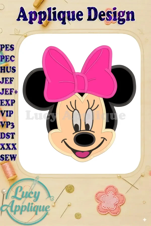 Minnie Mouse applique embroidery design in pink and black, showcasing her signature bow and cheerful expression. Various file formats included.