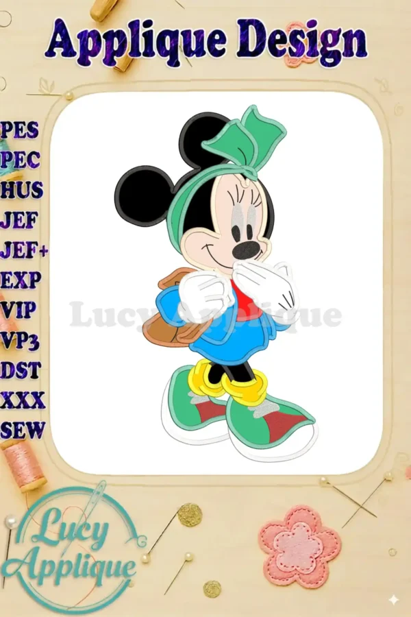 Minnie Mouse in a blue dress and green bow, carrying a backpack, in an applique embroidery design. Perfect for back-to-school projects.