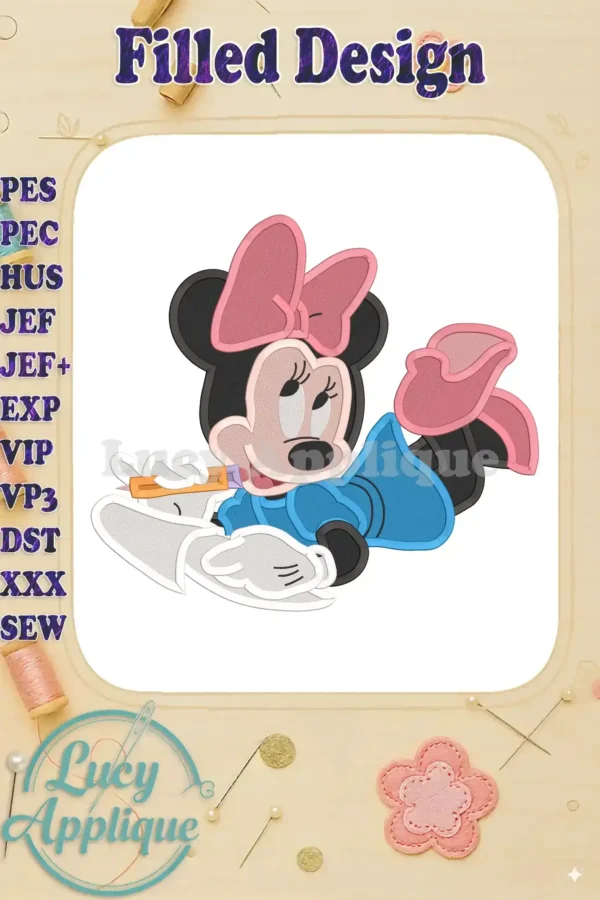 Minnie Mouse filled embroidery design; she's lying down holding a pencil, wearing a blue dress and pink bow. Back to school theme.