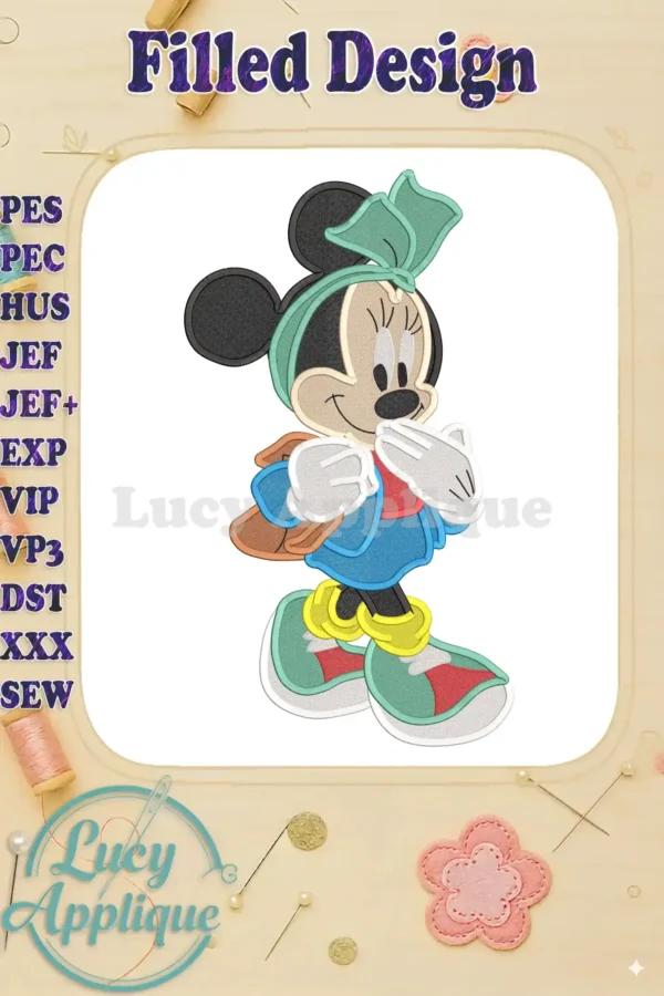 Minnie Mouse Back to School Embroidery Design. Filled stitch style, showing Minnie with a backpack, wearing a blue dress and green bow.
