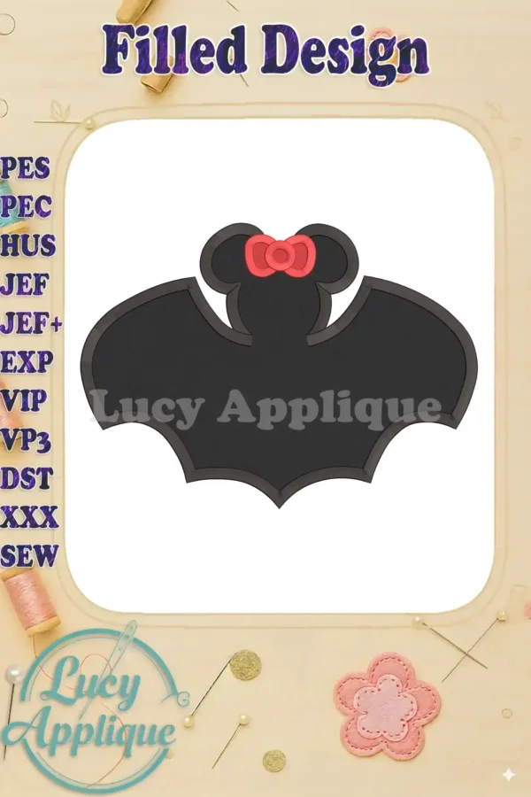 Minnie Mouse-shaped bat applique embroidery design in black and red, with a filled stitch style, suitable for Halloween projects. Various machine formats are supported.