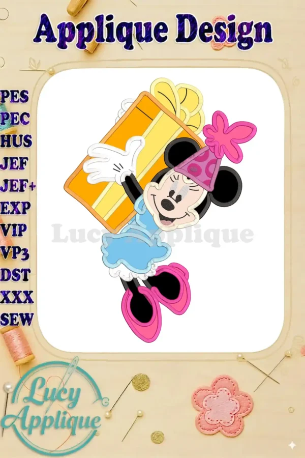 Minnie Mouse applique design holding a birthday gift, wearing a party hat. Perfect for embroidery projects, featuring various stitch types.