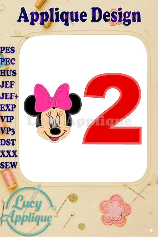 Minnie Mouse's head with a pink bow and the number 2, both in applique style. A digital embroidery design, ready to be stitched. Perfect for a birthday celebration!