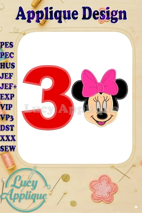 Minnie Mouse's 3rd birthday applique design. Features Minnie's face and the number 3 in a red applique style. Perfect for adding to clothing, or other crafts.