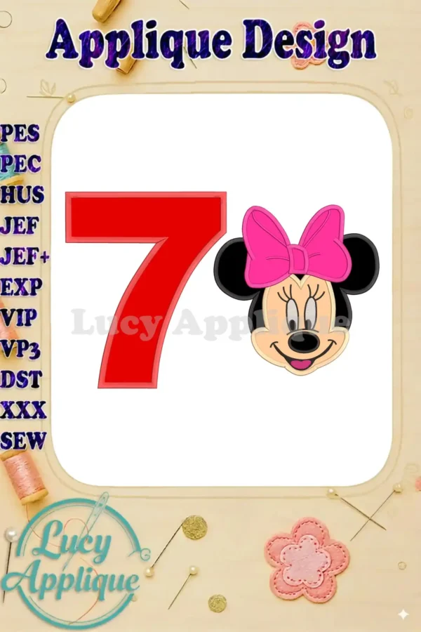 Minnie Mouse's head and the number 7 in a vibrant red, forming an applique design. Ideal for a 7th birthday celebration.