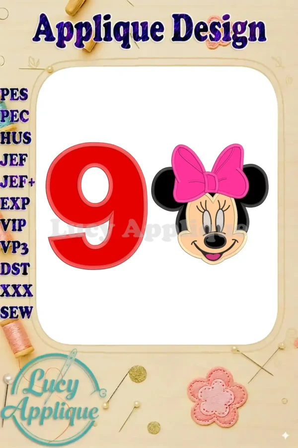 Minnie Mouse's head and the number 9 in applique style, ready to be embroidered. This design is perfect for a 9th birthday celebration.