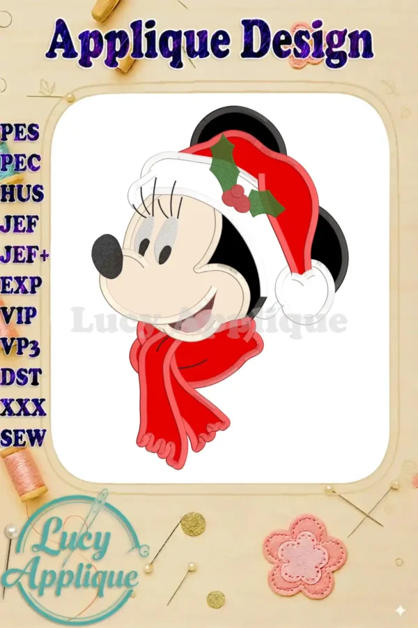 Minnie Mouse wearing a Santa hat and scarf, Christmas applique design. Various embroidery file formats are listed for different sewing machines.