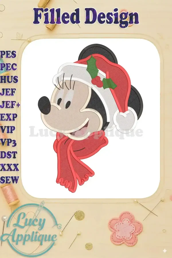 Minnie Mouse wearing a Santa hat and red scarf, Christmas-themed filled embroidery design. Various file formats are listed for different embroidery machines.