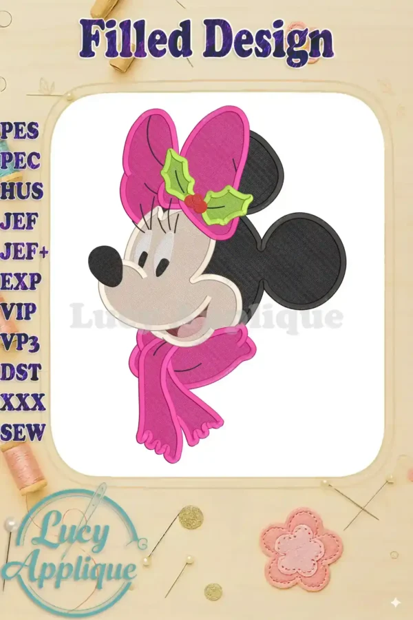 Minnie Mouse wearing a pink scarf and bow, adorned with holly. A filled Christmas embroidery design in various formats, suitable for sewing machines.