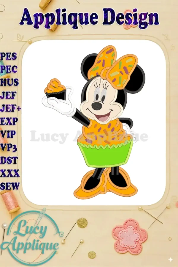 Minnie Mouse dressed as a cupcake, holding a cupcake. Applique embroidery design in orange, green, and pink. Includes various file formats.