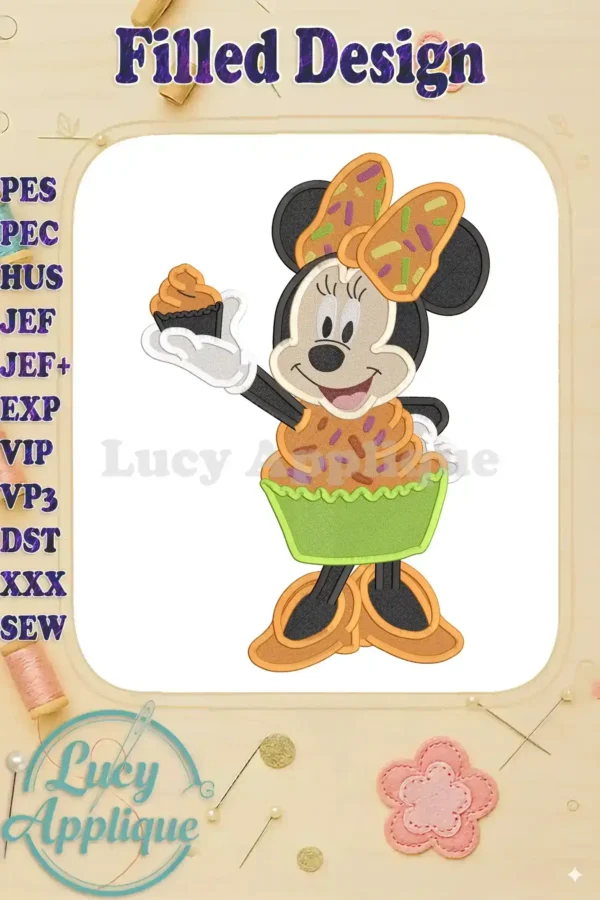 Minnie Mouse as a cupcake, holding a cupcake, in Halloween colors. Orange, green, and purple. Filled embroidery design.