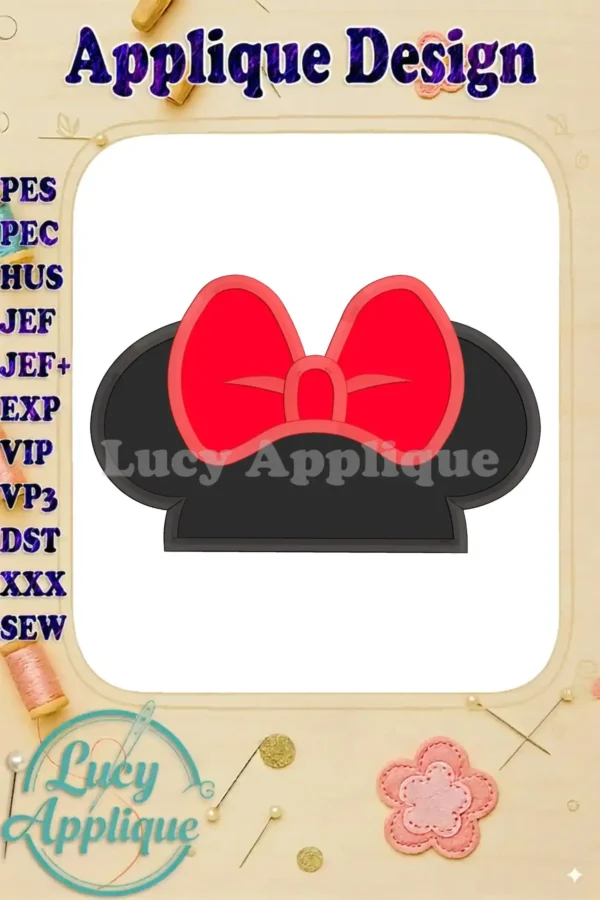 Minnie Mouse ears applique embroidery design in black and red. The design includes the iconic ears and bow. Perfect for adding a touch of Disney magic to your projects.