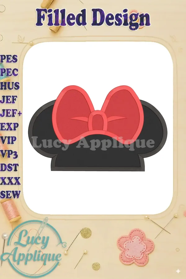 Minnie Mouse ears embroidery design, filled stitch, red bow, black ears. Perfect for apparel, bags, or home decor. Easy to use design file included.