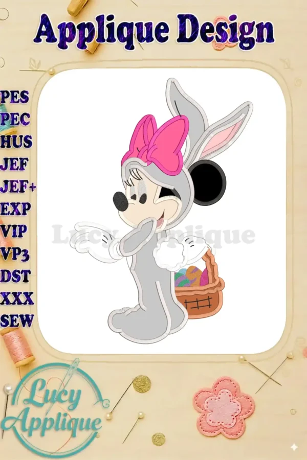 Minnie Mouse dressed as an Easter bunny, holding a basket of eggs. Applique design in grey and pink, suitable for embroidery.