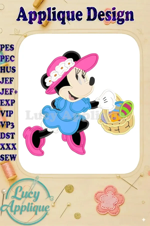 Minnie Mouse in a pink hat and blue dress, carrying an Easter basket, shown as an applique embroidery design. Various machine embroidery file formats are listed.